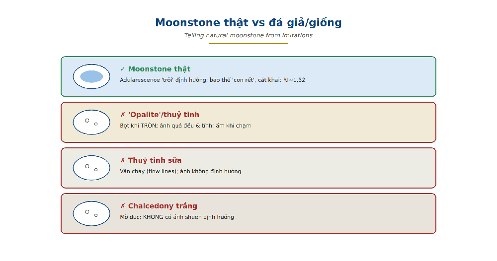 Moonstone vs imitation opalite glass milky chalcedony gas bubbles flow lines natural sheen comparison