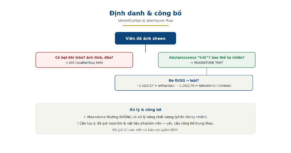Moonstone treatment disclosure untreated natural foil backing imitation identification flowchart
