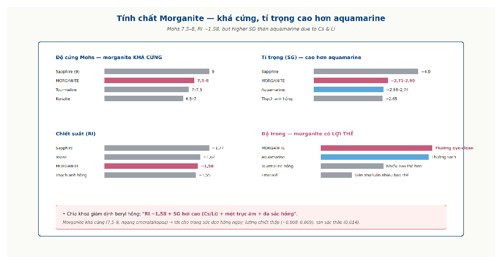 Morganite properties dashboard Mohs RI SG birefringence comparison beryl family