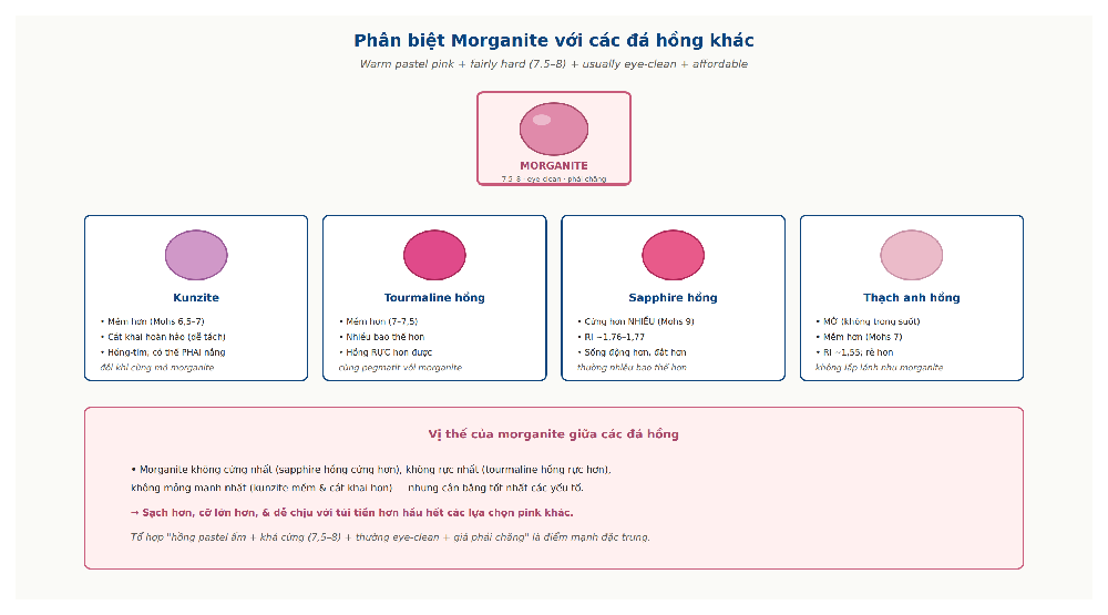 Morganite versus kunzite pink tourmaline pink sapphire rose quartz comparison hardness clarity