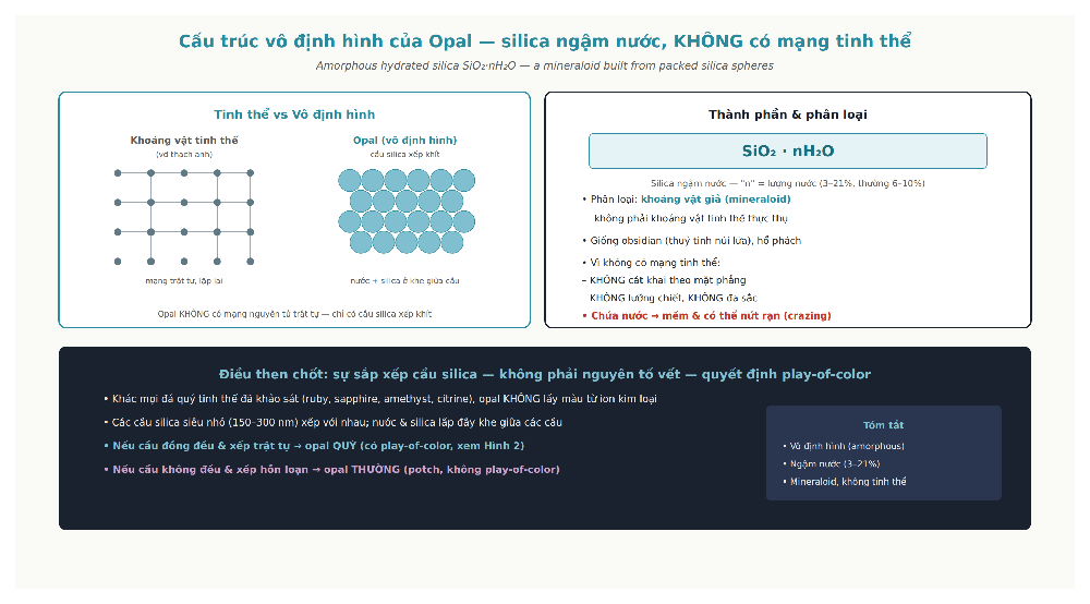 Opal amorphous structure hydrated silica spheres water no crystal lattice mineraloid SiO2 nH2O