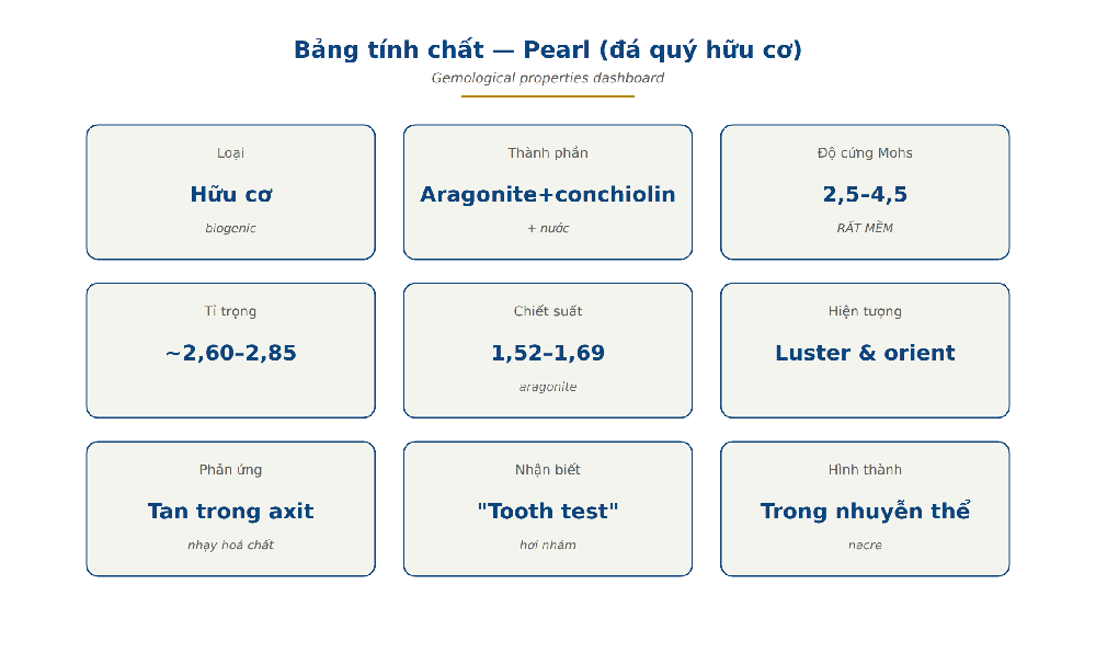 Pearl properties dashboard Mohs 2.5 4.5 specific gravity composition aragonite conchiolin water organic