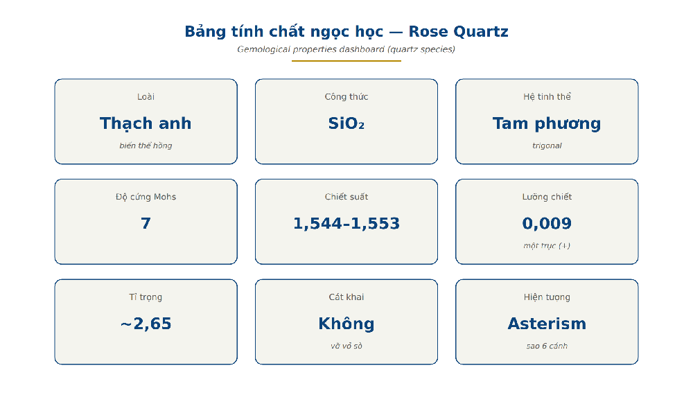 Rose quartz properties dashboard Mohs 7 refractive index 1.544 1.553 specific gravity 2.65 no cleavage conchoidal