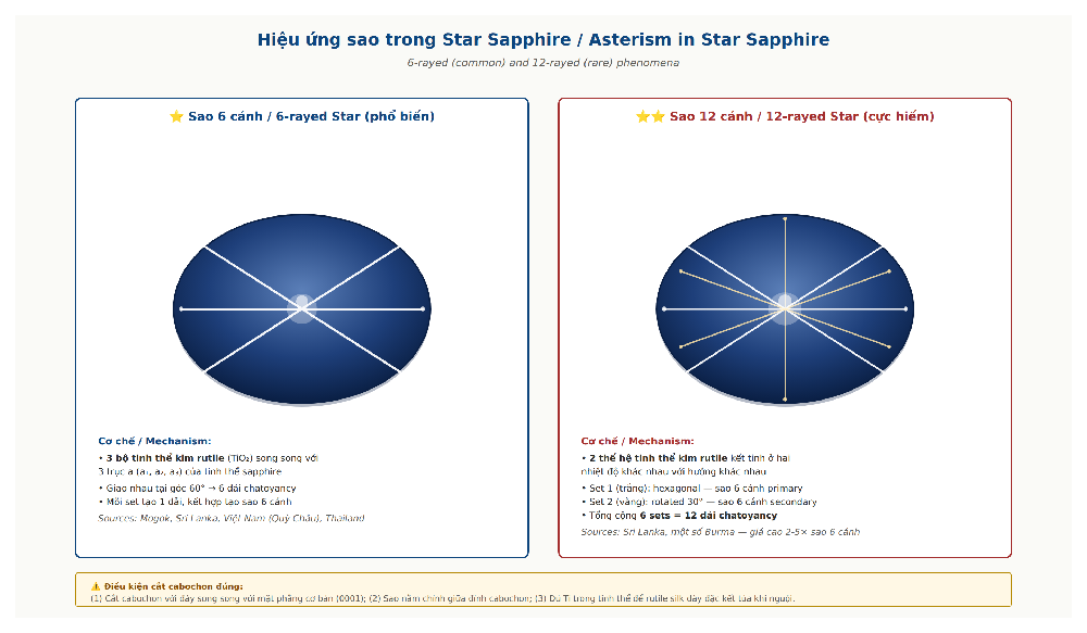 Star sapphire asterism 6-rayed and 12-rayed