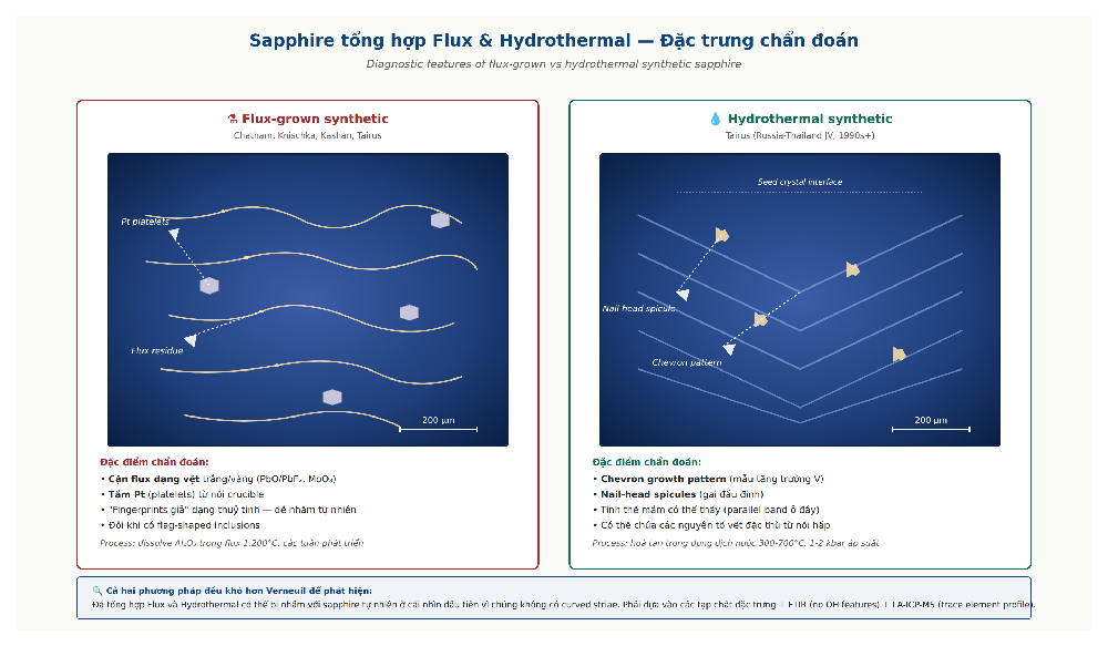 Flux and hydrothermal synthetic sapphire features