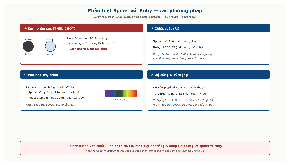 Distinguishing spinel from ruby polariscope spectra fluorescence