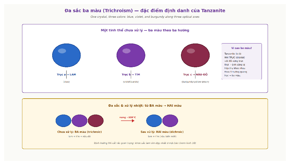 Tanzanite trichroism three colors blue violet burgundy pleochroism vanadium axes