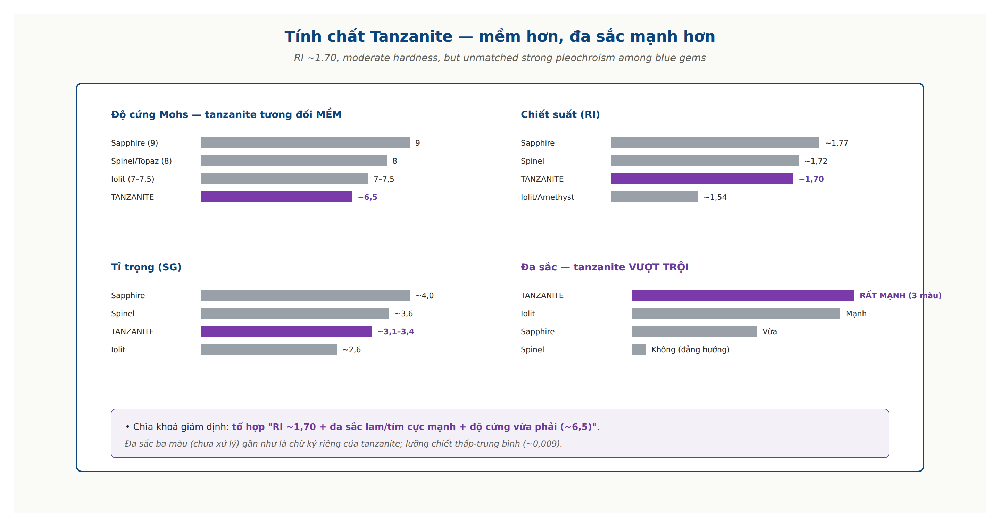 Tanzanite properties dashboard Mohs RI SG birefringence comparison sapphire iolite