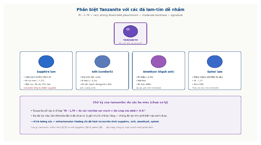 Tanzanite versus sapphire iolite amethyst comparison refractive index pleochroism hardness