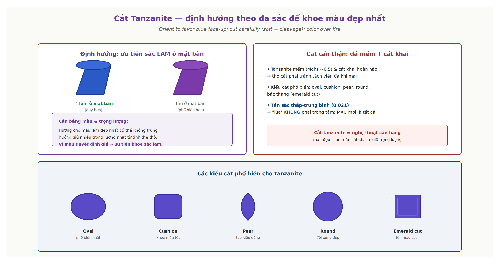 Tanzanite cut orientation pleochroism blue violet face up cleavage soft careful