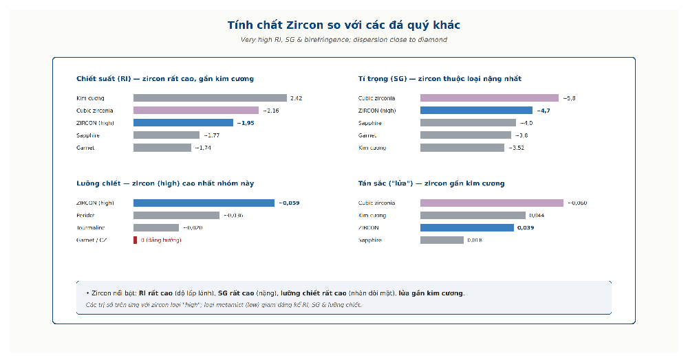Zircon properties dashboard refractive index specific gravity birefringence dispersion