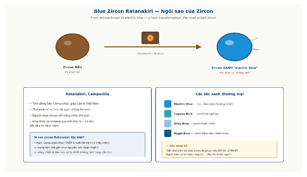 Blue zircon Ratanakiri Cambodia heat treatment brown to blue starlite cambolite