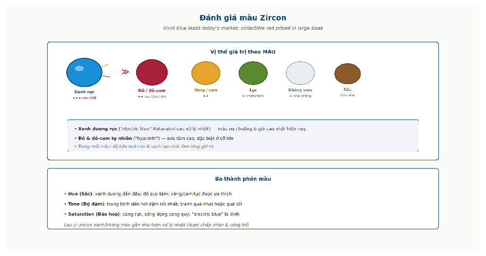 Zircon color grading blue electric red prized colorless brown by color
