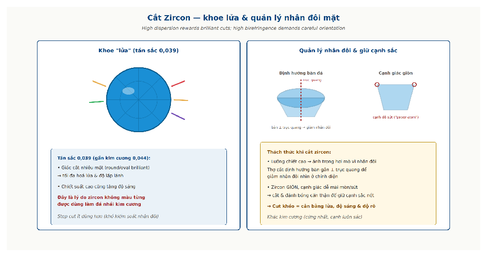 Zircon cut fire dispersion brilliant manage facet doubling orientation
